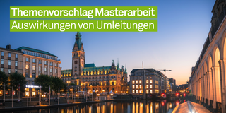 Bild von Hamburg beleuchtet, bei Abend mit der Bildüberschrift Themenvorschlag Masterarbeit