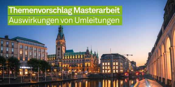 Bild von Hamburg beleuchtet, bei Abend mit der Bildüberschrift Themenvorschlag Masterarbeit