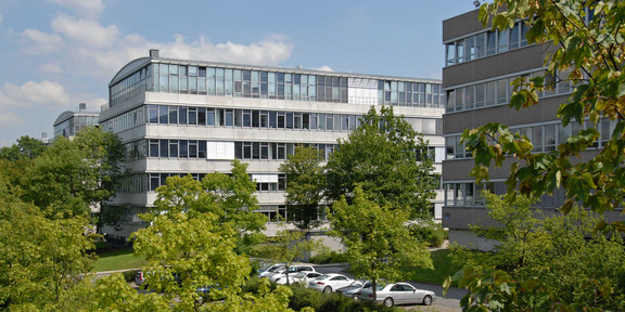 Geschossbauten Geschossbauten am Campus Süd. Im Vordergrund grüne Laubbäume.
